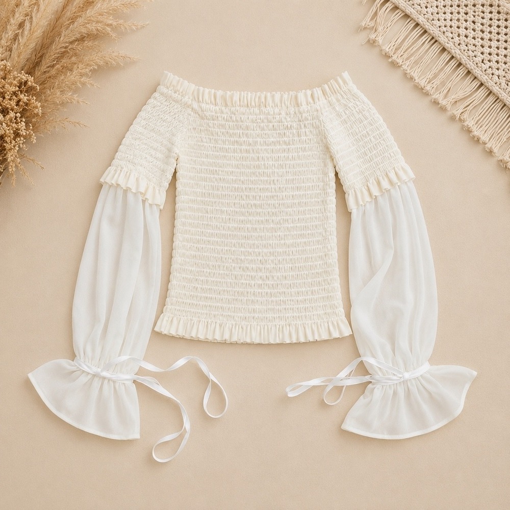 Stylenanda Cream White Smocked Off Shoulder Crop Top Tie Sleeve Size F One Size